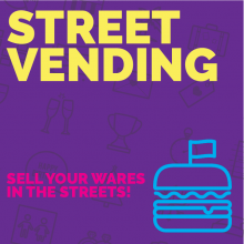 Street Vending: Sell your wares in the streets! a purple background with text and icons